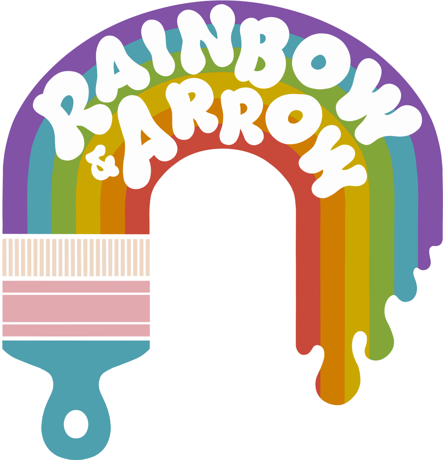 Rainbow & Arrow logo: a dripping rainbow painted from a paintbrush, with the name in bubbly lettering