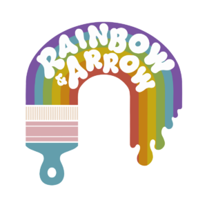 Rainbow & Arrow logo: a dripping rainbow painted from a paintbrush, with the name in bubbly lettering